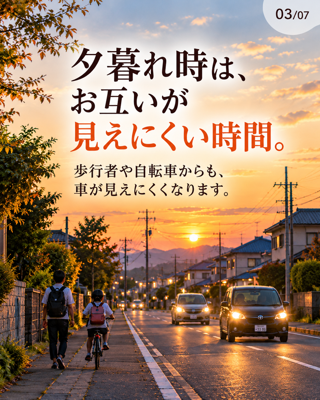 夕暮れ時の歩行者と車